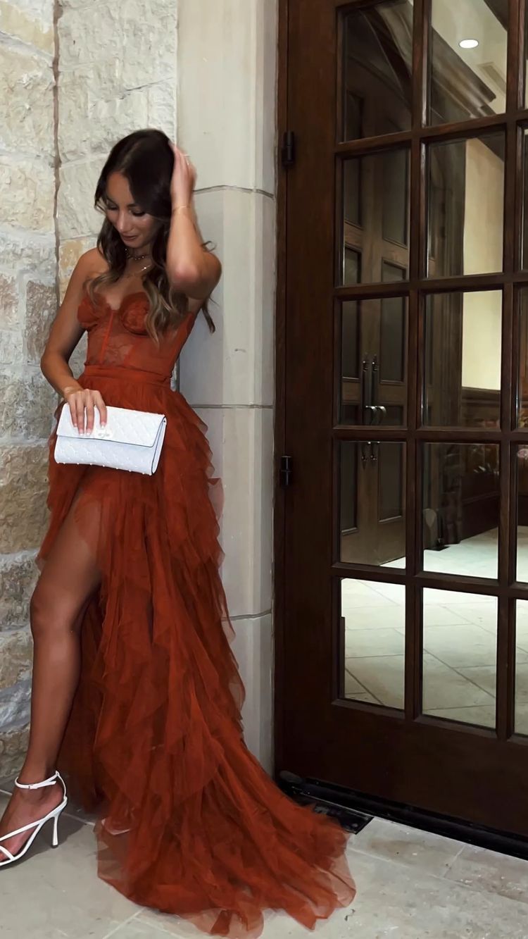Rust Red Sweetheart High Low Tiered Formal Prom Dress fg30