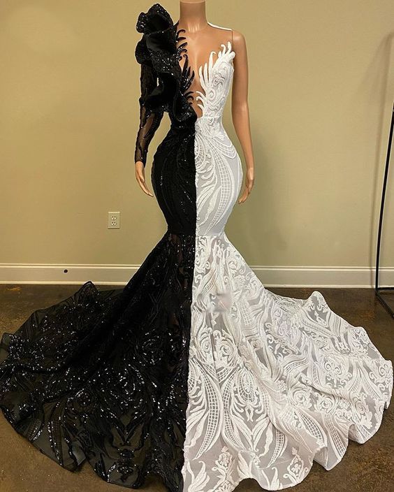 Black and white prom dress, lace prom dresses, mermaid prom dress, long sleeve prom dress, vintage prom dresses, sparkly prom dresses fg301