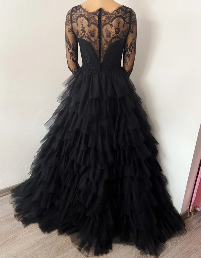 Black ruffle skirt tulle lace wedding gown prom dress long formal gowns fg366