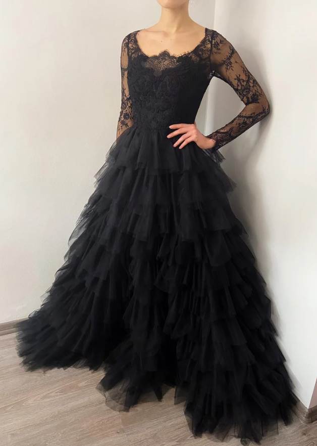 Black ruffle skirt tulle lace wedding gown prom dress long formal gowns fg366