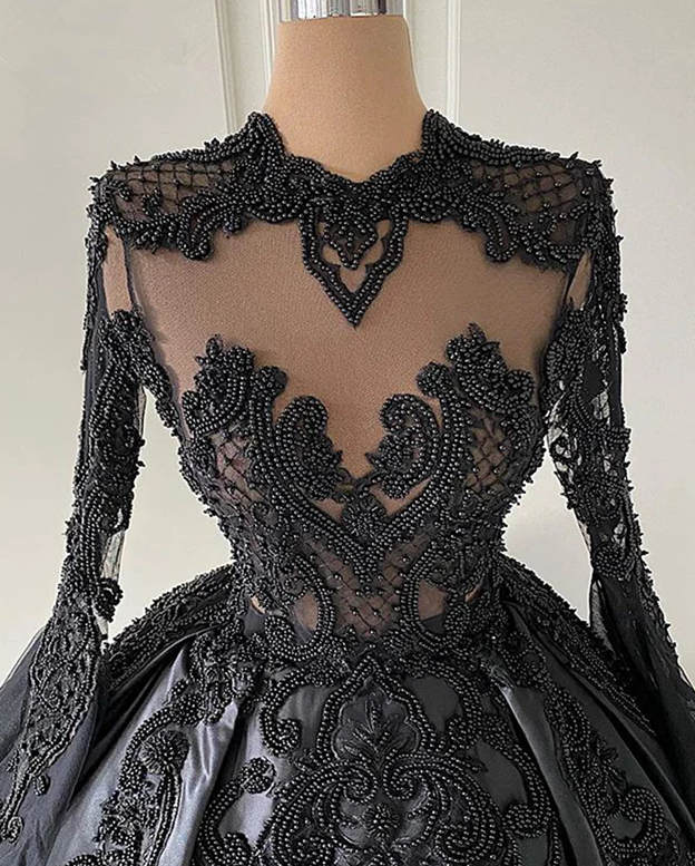 Ball Gown Black Long Sleeves Lace Prom Dresses,Beading Formal Evening Dresses fg367