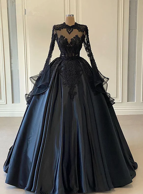 Ball Gown Black Long Sleeves Lace Prom Dresses,Beading Formal Evening Dresses fg367