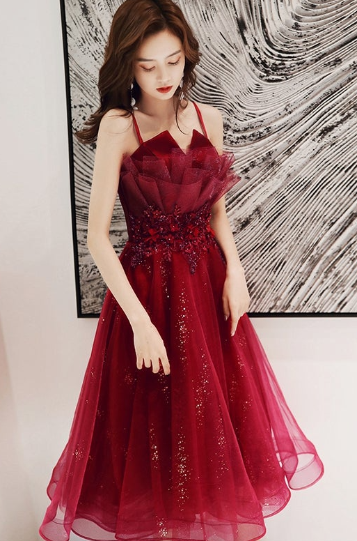 Burgundy lace sequins short homecoming dress fg377