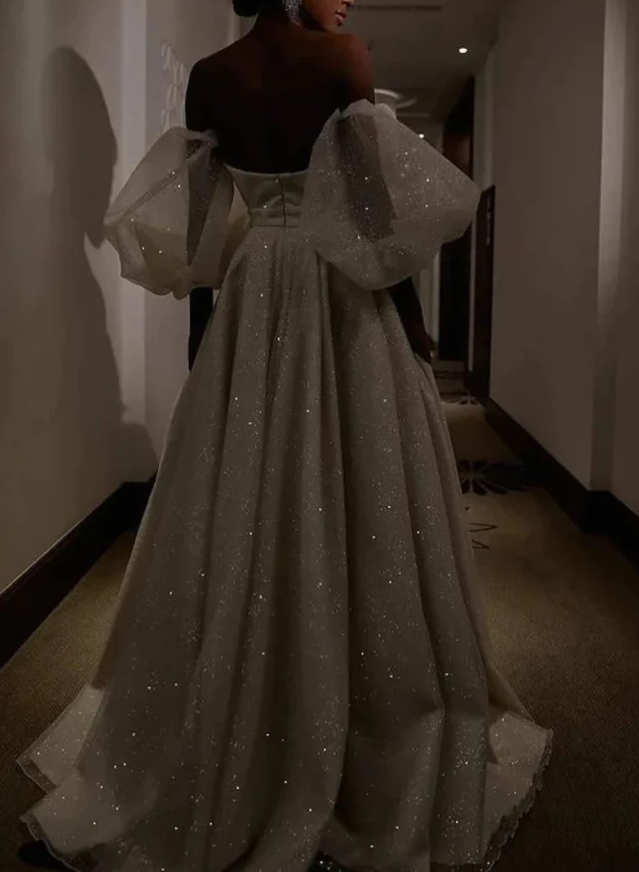 Sweetheart Prom Dress With Puffy Sleeves Sexy Luxurious Sparkle & Shine Wedding Dress fg451