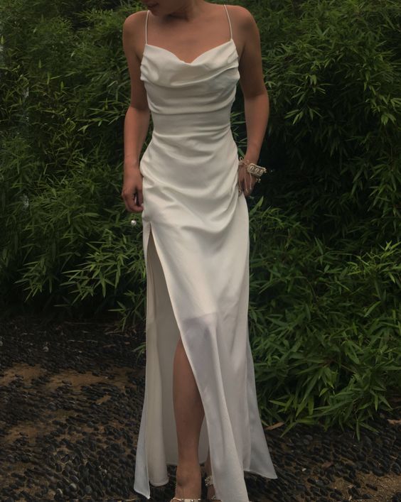 Sexy Mermaid Cowl Neck Spaghetti Straps White Satin Evening Party Dress fg460