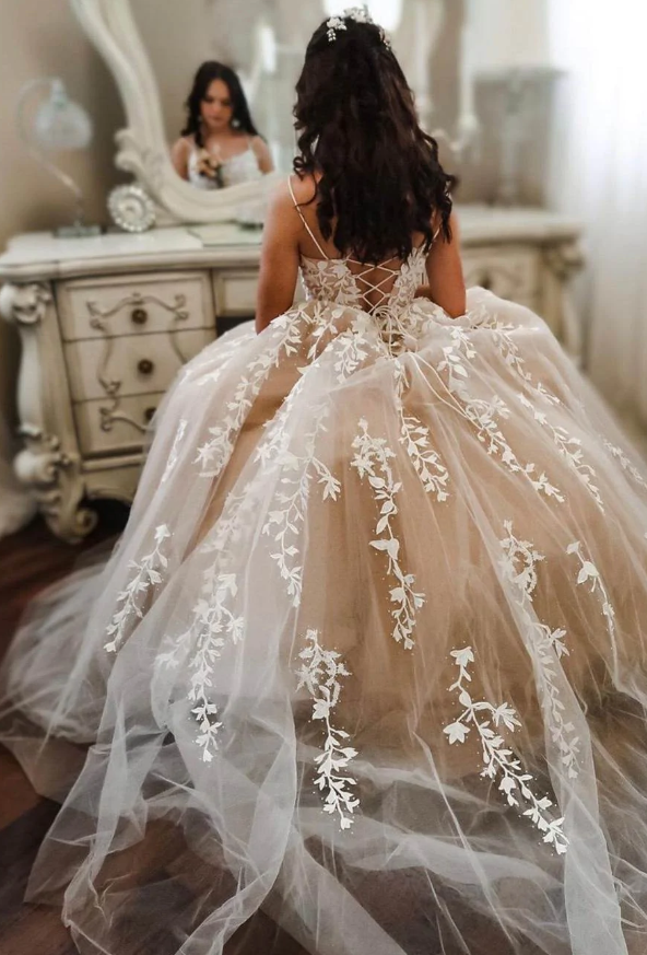 Princess Ivory Lace Appliques Long Princess Dress prom dress fg493