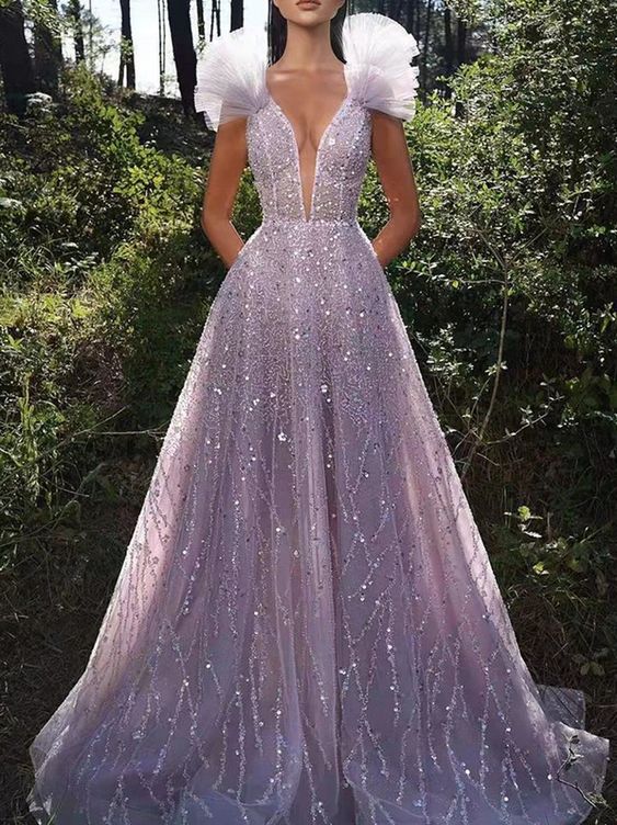 Shiny Elegant V-Neck Applique Solid Color Spaghetti-Neck Maxi Dress Prom Dress fg509
