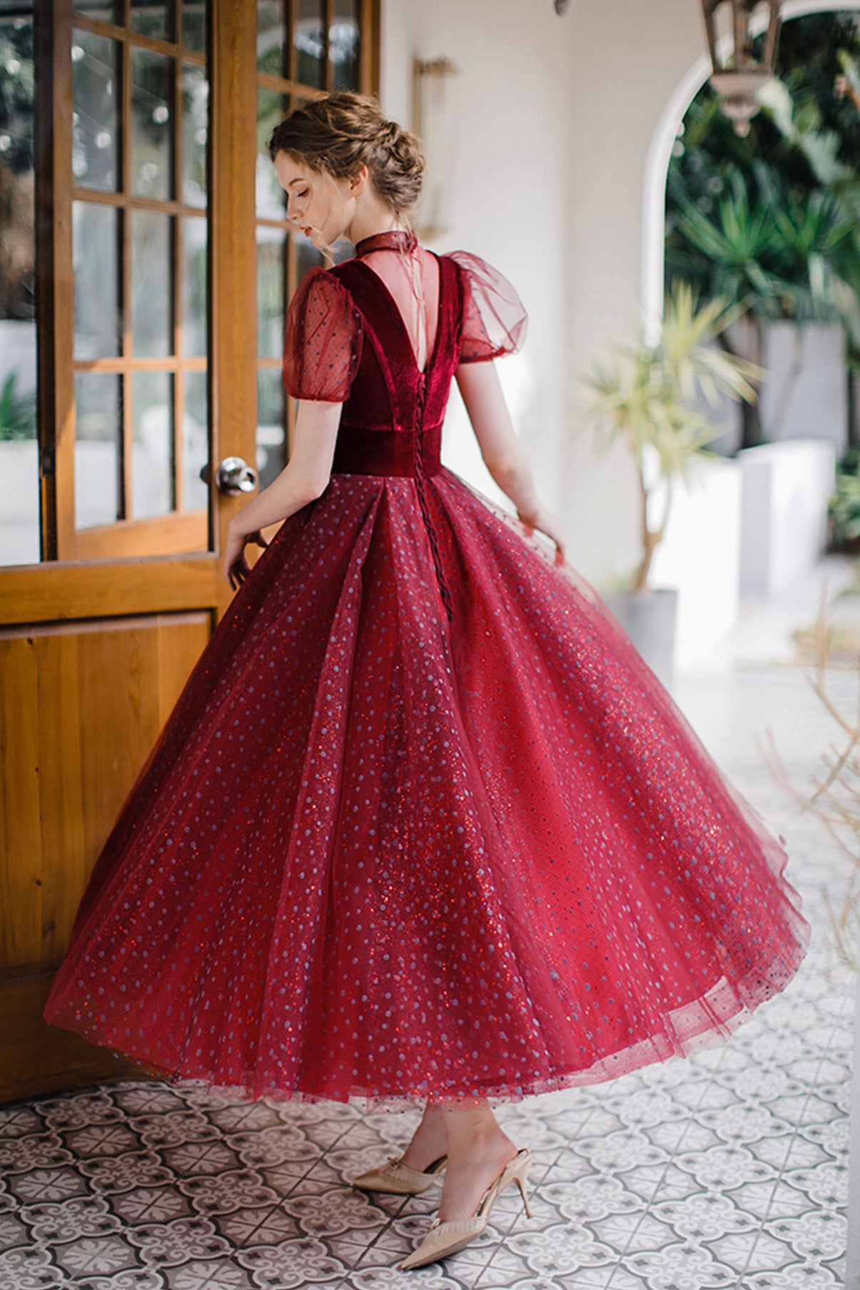 BURGUNDY TULLE SHORT PROM DRESS A LINE EVENING DRESS fg528