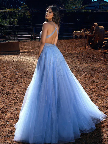 BLUE HALTER BEADINGS LONG PROM DRESS TULLE EVENING PARTY GOWNS fg606