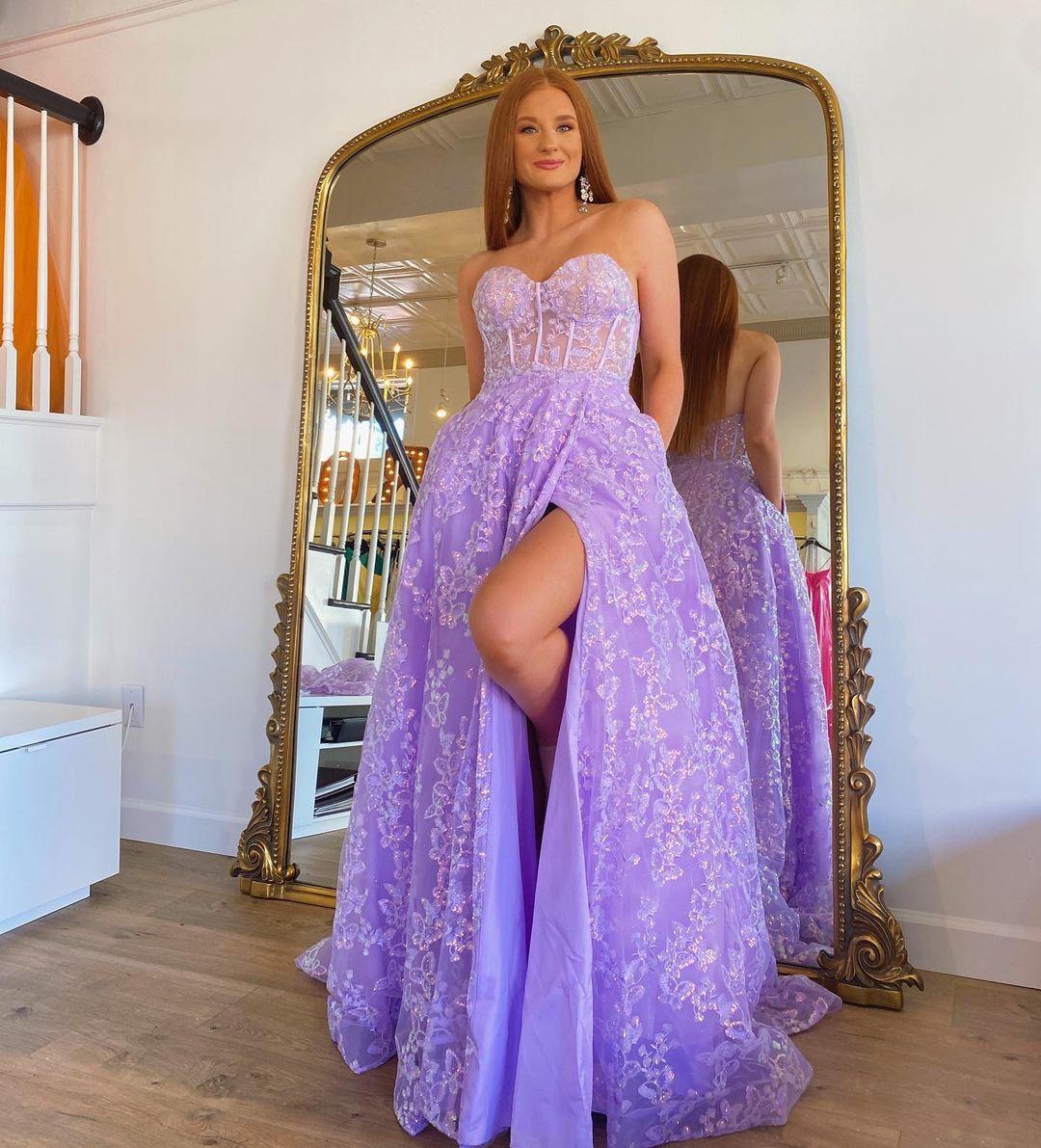 Sweetheart Lilac Long Evening Party Dress Embroidered Butterfly Detachable Sleeves Lavender Prom Dresses fg612