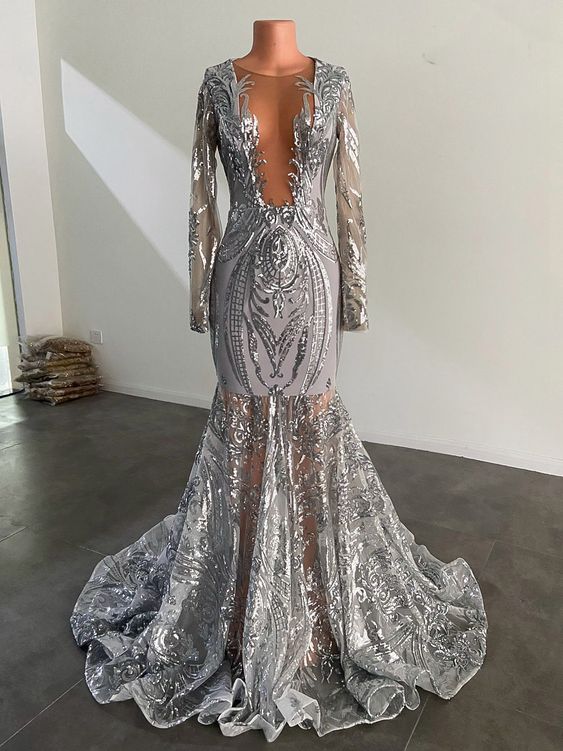 Sliver prom dresses, sparkly prom dresses, mermaid prom dresses, long sleeve prom dresses fg810