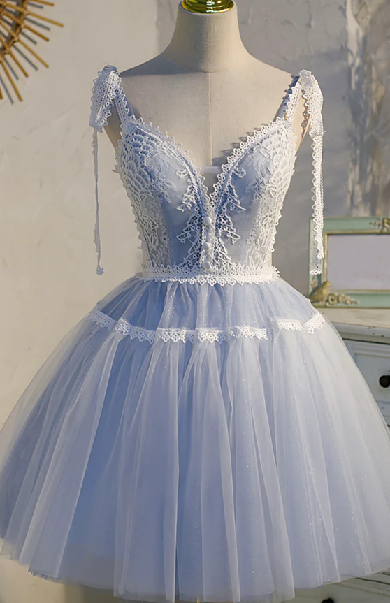 Blue lace short prom dress homecoming dress fg962