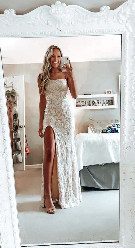 simple white prom dress,modest slit evening dresses fg991
