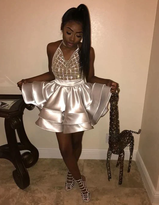 Silver Satin Mini Short Homecoming Dresses Halter Tiered Simple Black Girl African Girl Short Prom Dresses fg994