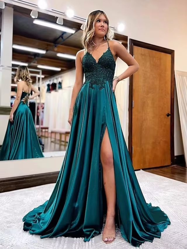 Elegant long a-line satin prom dresses v-neck split formal gown with lace appliques      fg3390