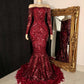 Burgundy prom dresses sparkly long sleeve off the shoulder feather mermaid prom gown      fg1622