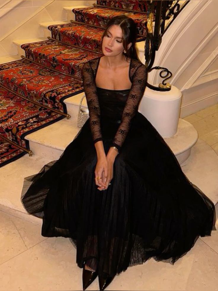 Black Evening Dress Elegant Lace Party Dress    fg7313