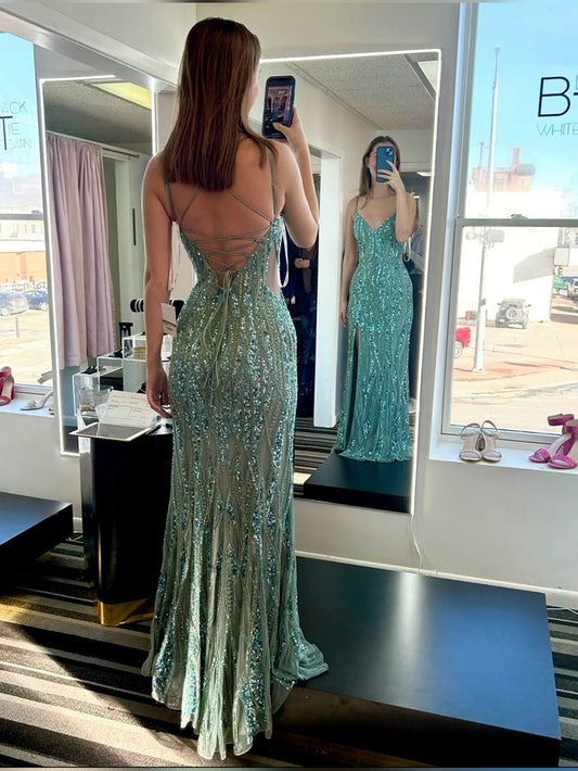 Green Sequin Mermaid Prom Dresses Long Evening Party Dress    fg7364