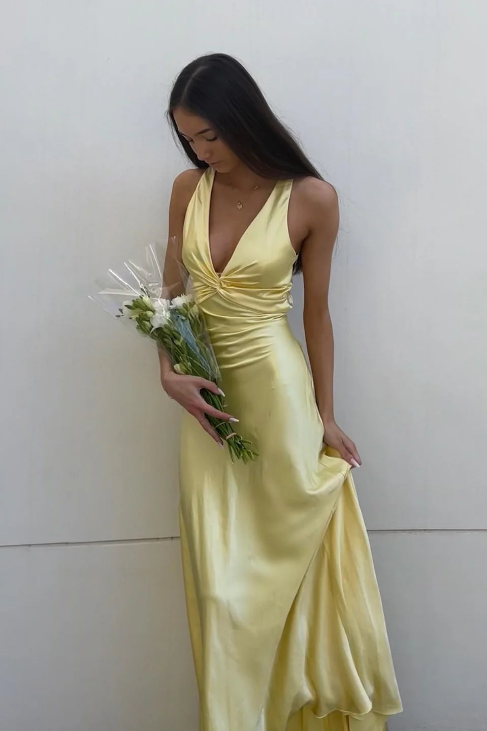 Yellow Prom Dress V Neck Evening Dress     fg4171