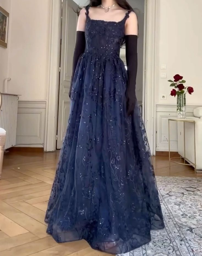 A Line Navy Blue Elegant Birthday Party Dress Long Evening Dress     fg7183