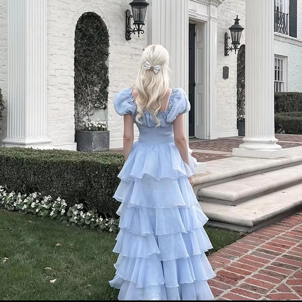 Sky Blue Tiered Skirt Prom Dress Puff Short Sleeves Formal Party Evening Gown   fg7259