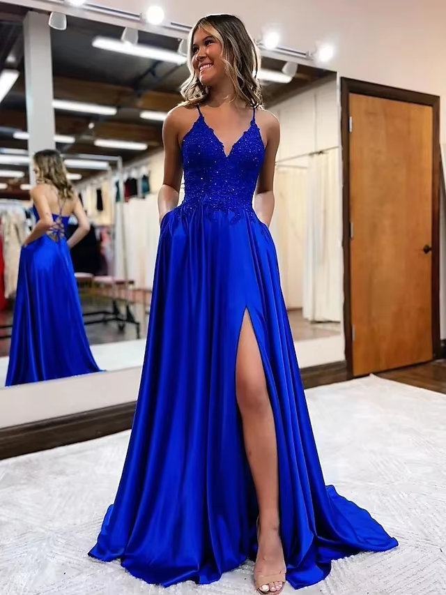 Elegant long a-line satin prom dresses v-neck split formal gown with lace appliques      fg3390