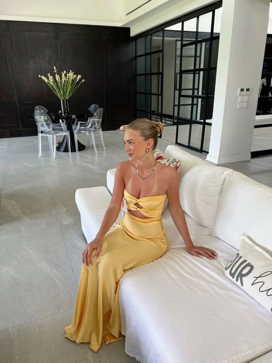 Mermaid Yellow Satin Evening Party Dress Long Prom Dress      fg7168