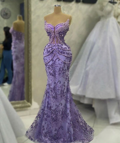 Purple Mermaid Evening Dress Beaded Formal Prom Gown     fg7065