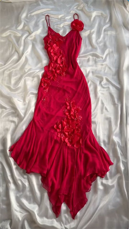 Rotes Ballkleid mit V-Ausschnitt, langes Abendkleid mit Blumen fg7048