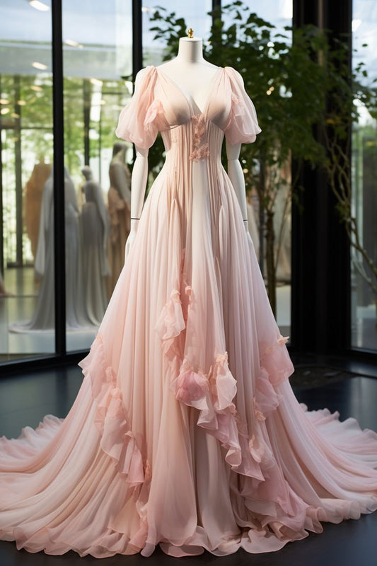 A Line Pink Chiffon Prom Dress Long Evening Dress     fg7189