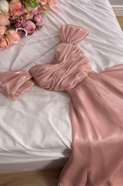 Modest A Line Strapless Silk Satin Long Pink Prom Dress Evening Gown         fg6358