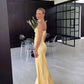 Mermaid Yellow Satin Evening Party Dress Long Prom Dress      fg7168