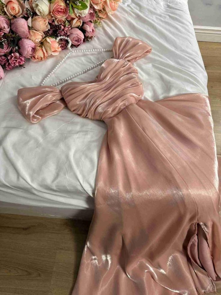 Modest A Line Strapless Silk Satin Long Pink Prom Dress Evening Gown         fg6358