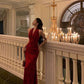 Sexy Etuikleid mit V-Ausschnitt, rotes Blumenmuster, knöchellang, Ballkleid, Geburtstagskleid fg7026
