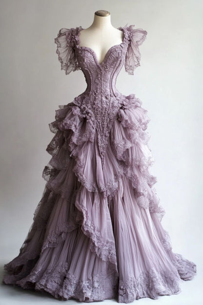 Robe de bal lavande en dentelle à volants, robe de soirée princesse, fg7223