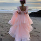 Pink Prom Dresses Short Puff Sleeves Ruffles Prom Party Gowns Princess Formal Dresses      fg7218