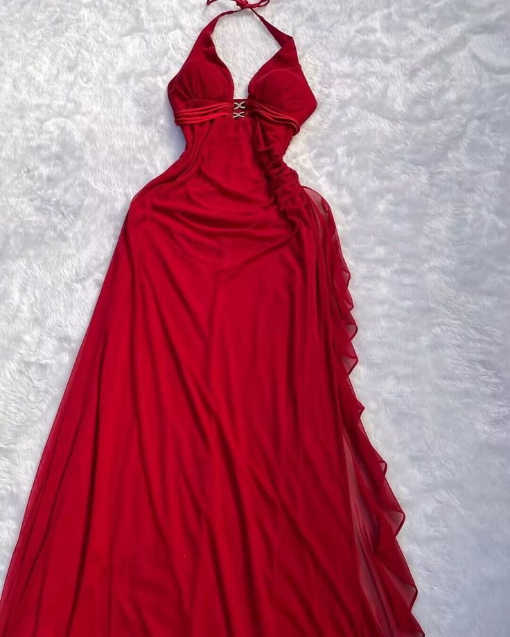 Halter Red A Line Long Prom Dresses Ruffled Evening Dresses       fg7108