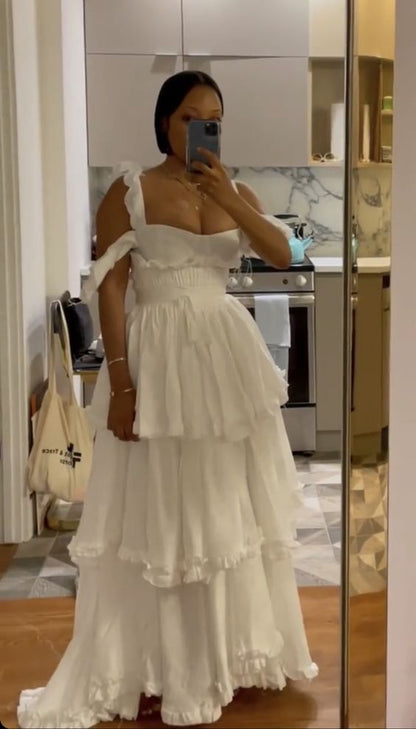 Robe de bal blanche sexy en mousseline de soie, longueur au sol, bretelles trapèze et volants, fg7016