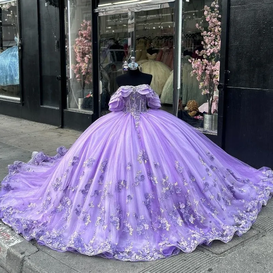 Ball Gown Luxury Off-Shoulder 3D Floral Quinceanera Dress in Lilac         fg6488