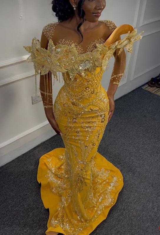 Gorgeous Yellow Beaded Mermaid Evening Dress Long Prom Dress       fg6966