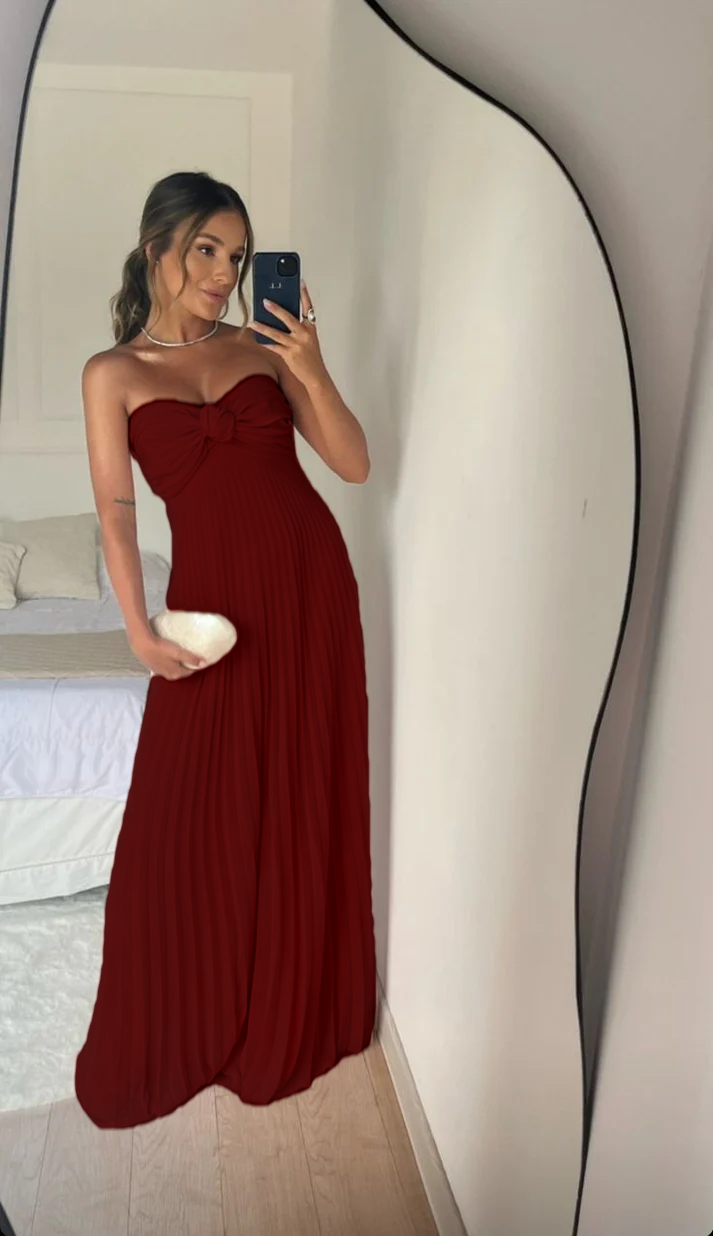Strapless A Line Pink Long Prom Dress Pleated Formal Party Gown       fg6582