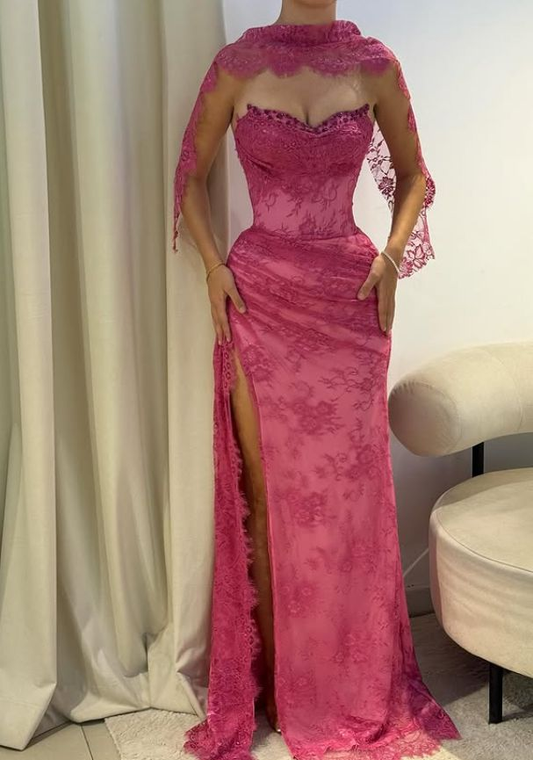 Pink Lace Prom Dress Sweetheart Neck Evening Dress With Slit  fg8226