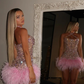 Trendy Sheath Halter Pink Beads Feathers Sequin Mini Short Formal 8th Grade Homecoming Dresses Middle School Short Prom Dress Hoco Outfits  fg8546