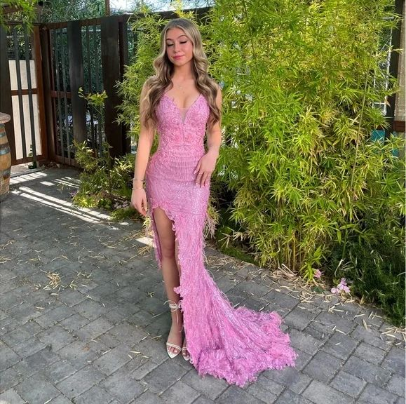 Pink Sequins Lace Feathers Mermaid Evening Dress Slit Prom Dress fg8566