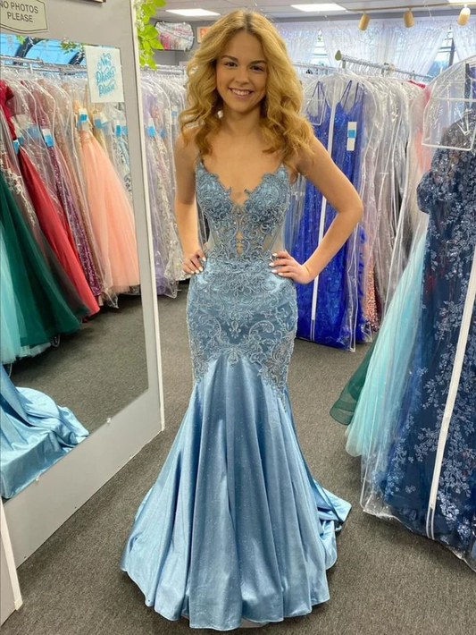 Appliqued Mermaid Light Blue Lace Spaghetti Straps Pageant Formal Prom Dresses fg8567