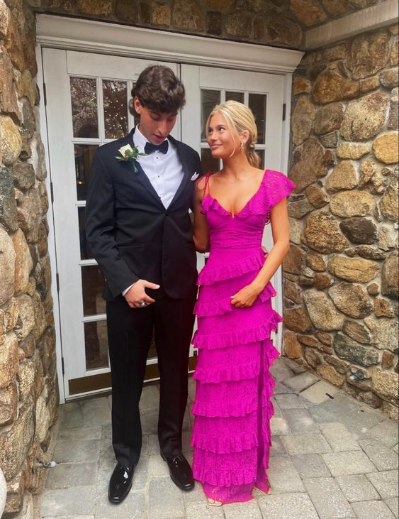 long red prom dresses, sexy lace evening dress with slit      fg833