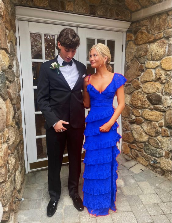 long red prom dresses, sexy lace evening dress with slit      fg833