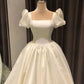 Spauare Neckline Bubble Sleeves Satin Wedding Dresses, Vintage Bridal Gown      fg7274