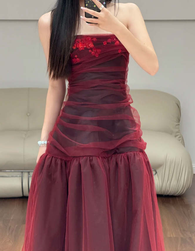Strapless Burgundy Tulle Prom Party Dress Birthday Outfit Evening Dress fg8640