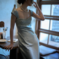 Elegant Blue A Line Straps Beaded Satin Long Prom Dress Evening  Dress fg8690